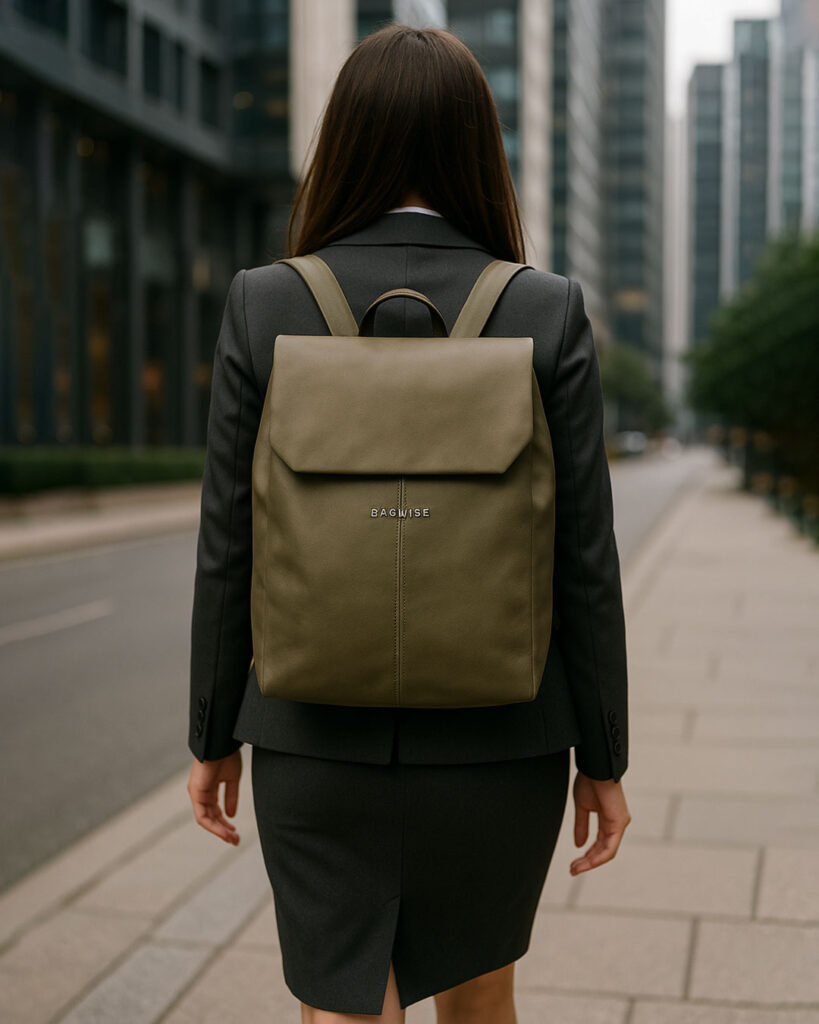%100 Vegan bagwise 9005 sırt çantası için şehir içinde bir kadın sırtındaki sırt çantası görseli