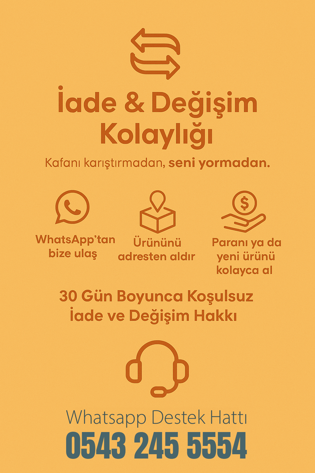 ifdükkan iade ve değişim politikası görseli – 30 gün içinde kolay iade ve değişim imkanı sunan müşteri dostu süreç, WhatsApp destek hattı ve adresinizden teslimat kolaylığıyla