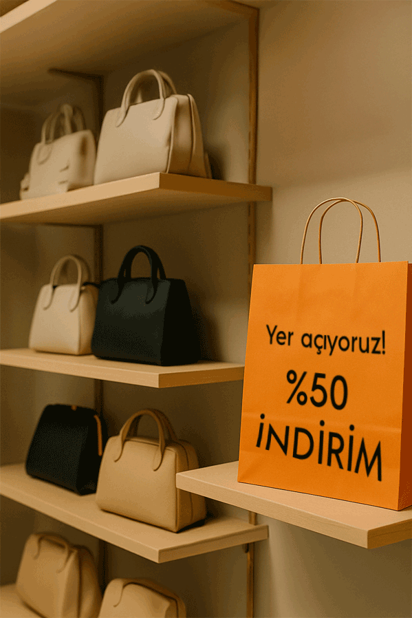 ifdukkan çanta mağazasında turuncu alışveriş çantası, vitrin düzeni dik versiyon