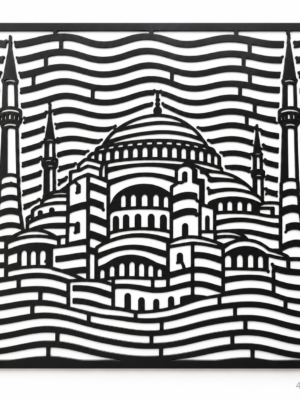 45 × 45 cm mat siyah Ayasofya metal duvar tablosu, beyaz stüdyo fonunda.