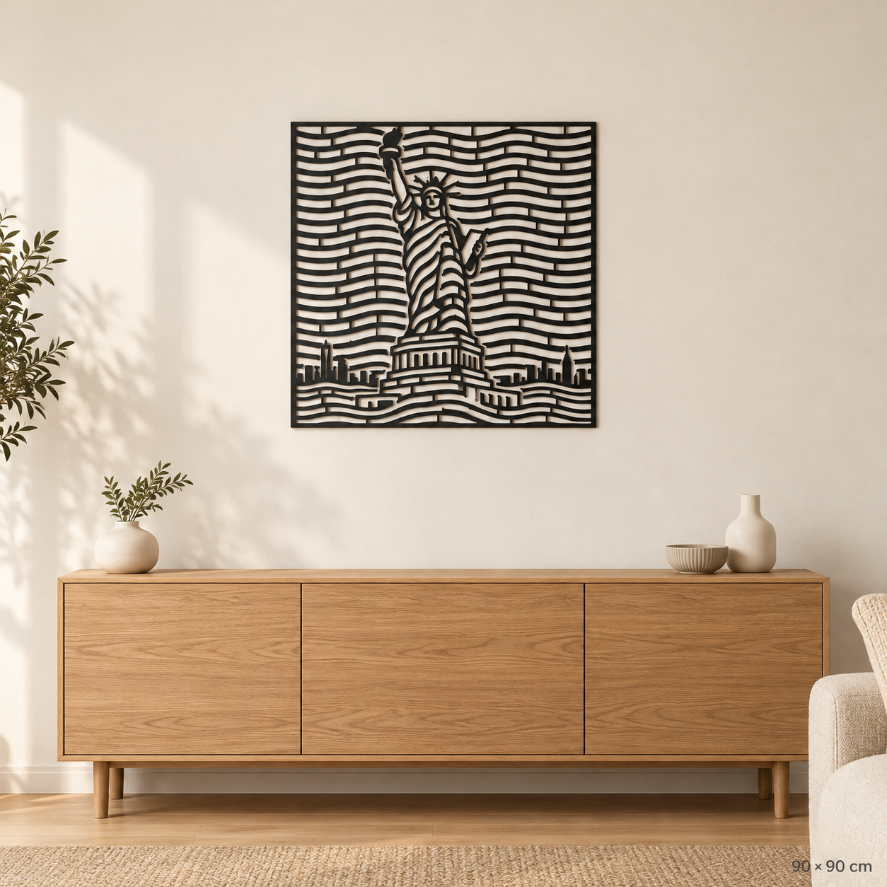 Özgürlük Anıtı mat siyah metal duvar tablosu, 90 × 90 cm, ev · salon.